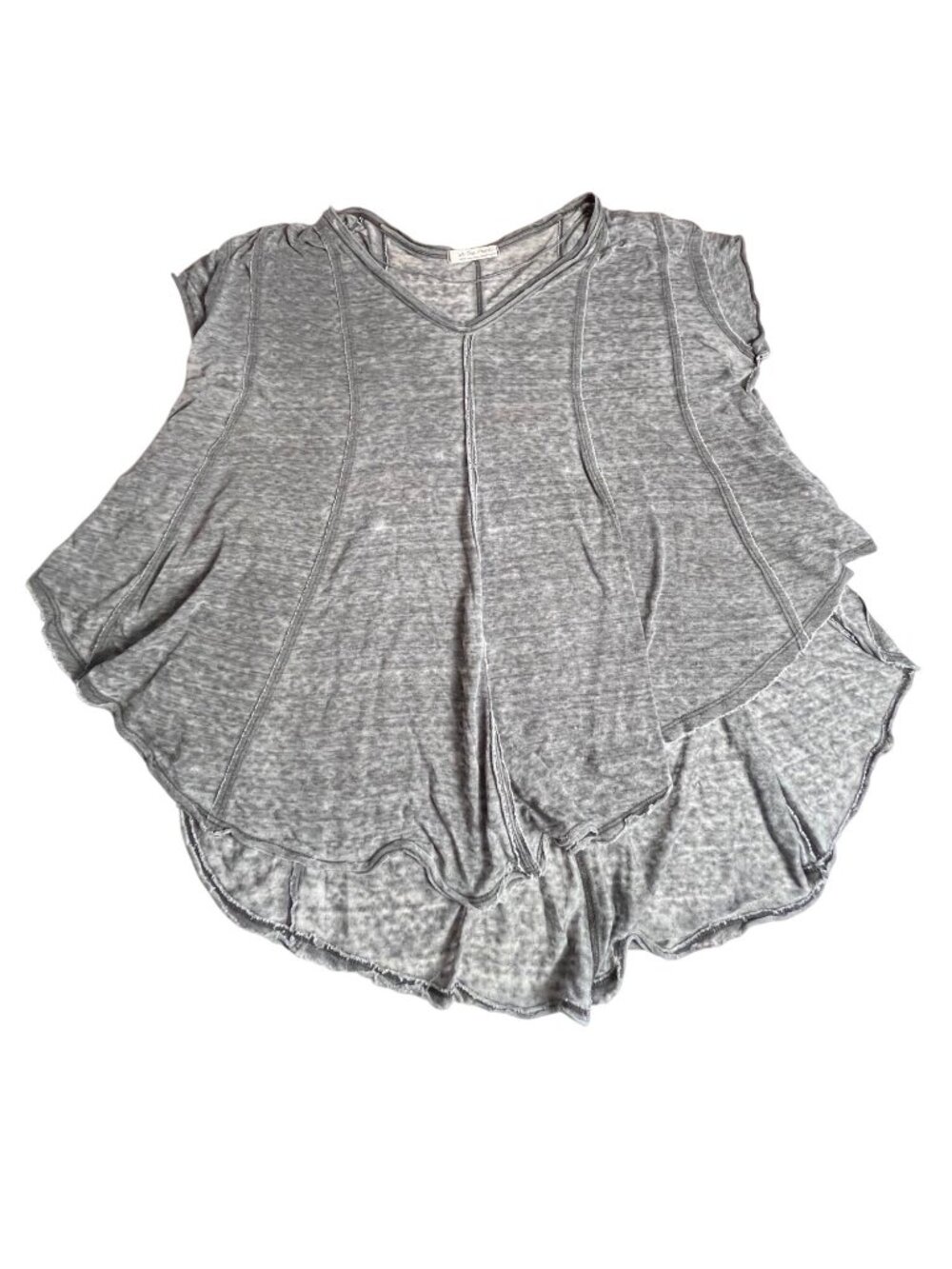 We The Free Gray M V-Neck Tee Exposed Seams Flowy Fit Distressed semi sheer